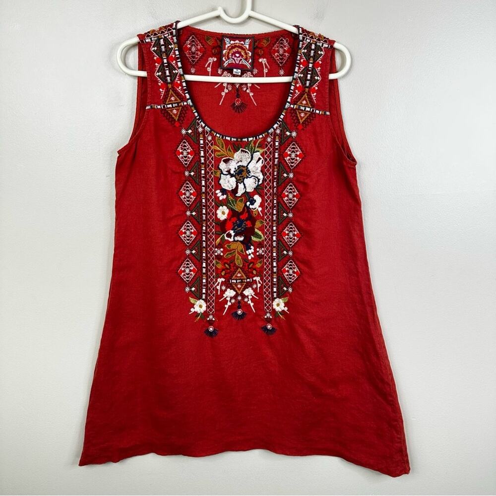 Johnny Was Linen Embroidered Tunic Swing Dress Womens M Burnt Orange Sleeveless